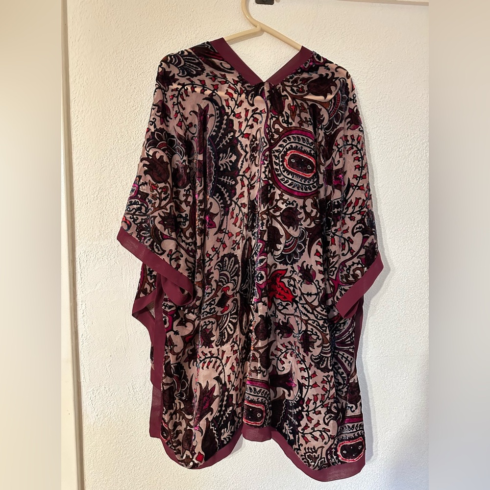 Soft Surroundings Kimono Women Burgundy Floral Burnout Velvet Open Front OneSize - Picture 3 of 7